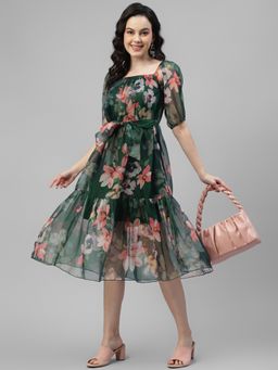Deebaco - Bottle Green Floral Printed Women Tiered Dress