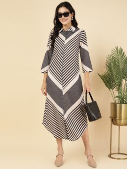 Deebaco - Black Linen Multi Striped Women Shirt Dress