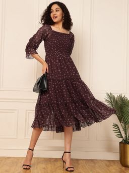 Deebaco - Wine Floral Dobby Floral Printed Smocked Women Tiered Dress