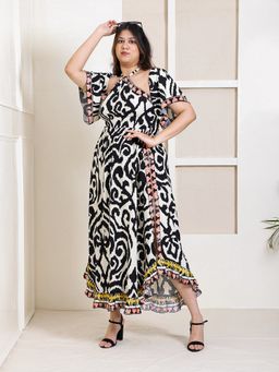 Deebaco - Black Abstract Printed Halter Neck With Bell Sleeve A-Line Slit Women Dress
