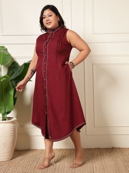 Deebaco - Chambray Wine Cotton Tucks Women Shirt Dress