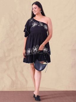 Deebaco - Black Asymmetric One Shoulder Embroidered Pure Rayon Tiered Dress