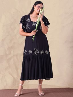 Deebaco - Black Pure Rayon Embroidered Women Tiered Dress