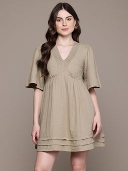 Label Ritu Kumar - Women Olive Plain Mini Dress