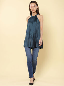 Label Ritu Kumar - Teal Pleated Halter Neck Top