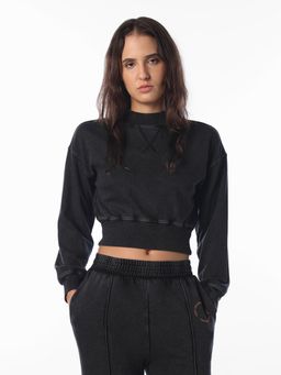 ONLY - Women'S Solid Relaxed Fit Black Cropped Sweatshirt