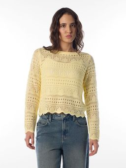 ONLY - Women's Self Design Regular Fit Yellow Top