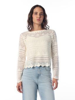 ONLY - Women's Self Design Regular Fit White Top