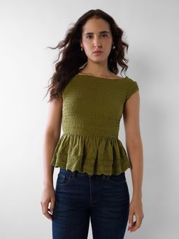 ONLY - Women's textured Fit and Flare Olive Top