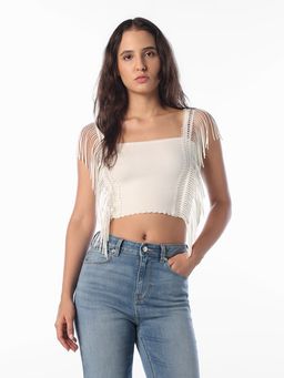 ONLY - Women's Self Design Slim Fit White Crop Top
