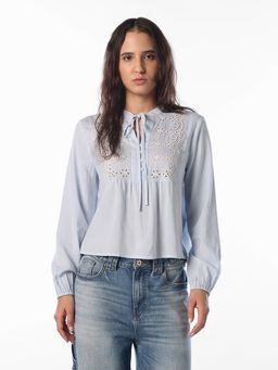 ONLY - Women's Self Design Regular Fit Blue Top
