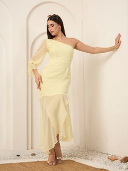 SALVIA SKY - Lemon Yellow One Shoulder Midi Dress