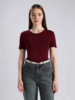 Tommy Hilfiger - Maroon Solid Regular Fit Cotton T-Shirt