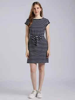 Tommy Hilfiger - Navy Blue Cotton Round Neck A-Line Dress with Belt