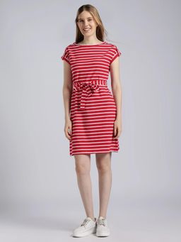 Tommy Hilfiger - Red Cotton Round Neck A-Line Dress with Belt