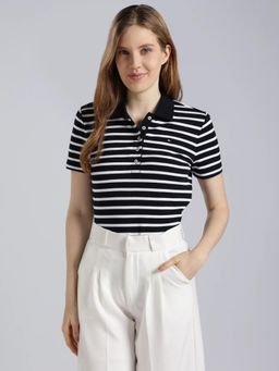 Tommy Hilfiger - Navy Blue Striped Regular Fit Cotton Polo T-Shirt