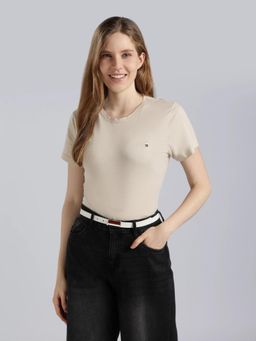 Tommy Hilfiger - Beige Solid Regular Fit Cotton T-Shirt