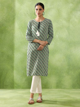 Jaipur Kurti - Floral Printed Straight Green Kurta