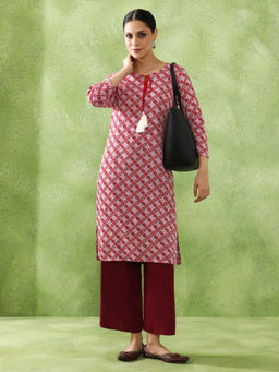 Jaipur Kurti - Floral Printed Straight Pink Kurta