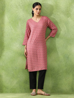Jaipur Kurti - Floral Printed Straight Peach Kurta