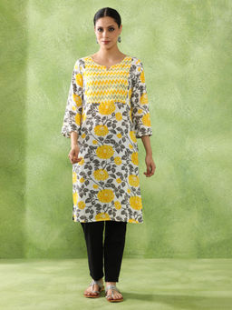 Jaipur Kurti - Floral Printed Straight Yellow Kurta