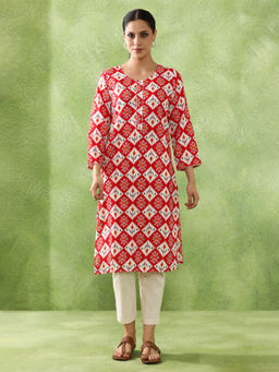 Jaipur Kurti - Floral Printed Straight Red Kurta