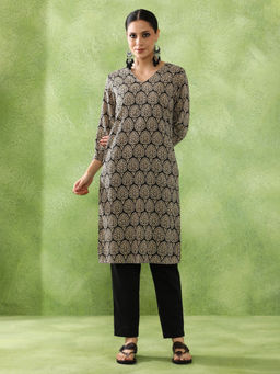 Jaipur Kurti - Floral Printed Straight Beige Kurta