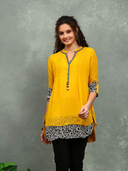 MEENA BAZAAR - Printed Yellow Georgette Kurti