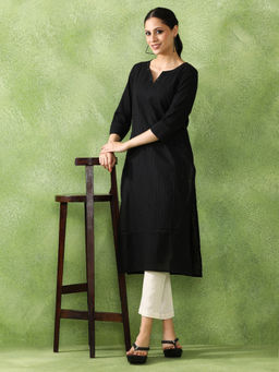 Jaipur Kurti - Woven Design Embroidered Straight Pure Cotton Black Kurta