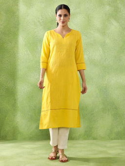 Jaipur Kurti - Woven Design Embroidered Straight Pure Cotton Yellow Kurta
