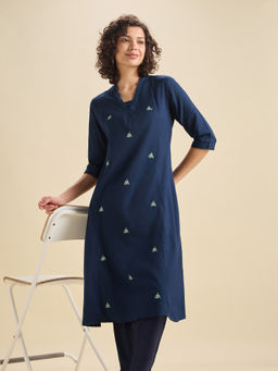 VISMAY - Navy Blue Cotton Viscose Flared with Lace and Embroidery Kurta