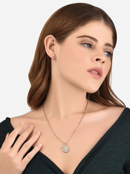 Lilly & Sparkle - Gold Toned Chain with Pearl Crystal Studded Pendant & Pearl Stud Earrings (Set of 2)