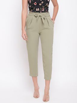 Latin Quarters - Green Solid Straight Pant with Belt