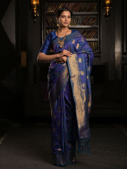 EXCLUSIVA - Purple and Blue Soft Satin Silk Banarasi Saree with Unstitched Blouse