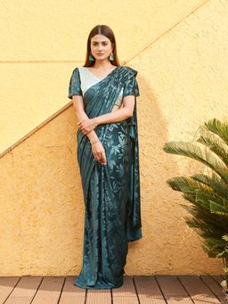 Tikhi Imli - Teal Colored Embossed Velvet Ready to Wear Saree with Unstitched Blouse