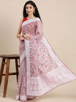 Vastranand - Lavender & White Ethnic Motifs Chikankari Organza Saree with Unstitched Blouse