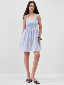 TOKYO TALKIES - Women White Stripe Smocked-Bodice Cotton Short Dress