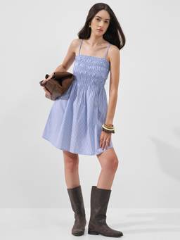 TOKYO TALKIES - Women Blue Stripe Smocked-Bodice Cotton Short Dress