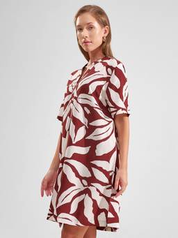 TOKYO TALKIES - Women Rust Henley Neckline Viscose Loose Fit Printed Tunic Dress