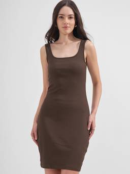 TOKYO TALKIES - Women Brown Sleeveless Bodycon Scoop Neckline Mini Dress