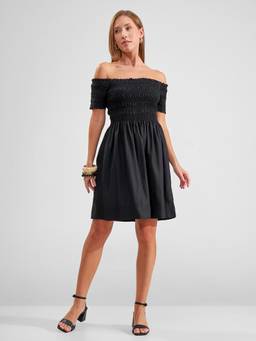 TOKYO TALKIES - Women Black Off Shoulder Smocked Top Dress