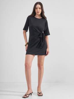 TOKYO TALKIES - Women Black Round Neck Half Sleeve Side Tie - Up Detail Short Dress