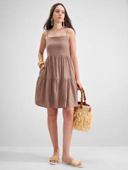 TOKYO TALKIES - Women Brown Scrappy Tie Detail Short Dress