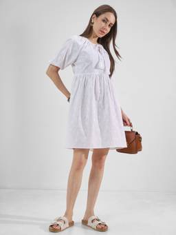 TOKYO TALKIES - Floral Embroidered Puff Sleeve A-Line Dress