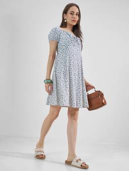 TOKYO TALKIES - Floral Print Puff Sleeve A-Line Blue Dress