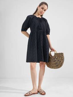 TOKYO TALKIES - Embroidered Puff Sleeve A-Line Dress