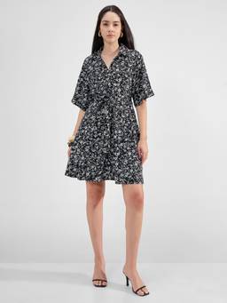 TOKYO TALKIES - Women Black Floral Short Shirt Dress