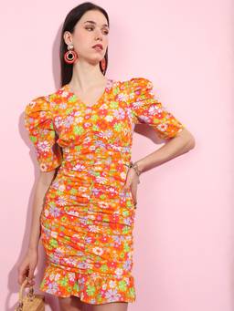 TOKYO TALKIES - Ruched Orange Floral Printed Ruched Sleeves Gathered Sheath Dress
