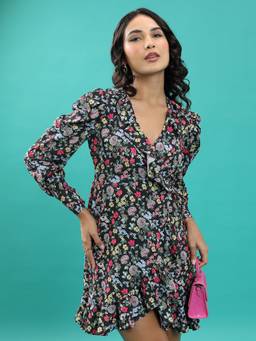 TOKYO TALKIES - Multi-Color Floral Printed V-Neck Puff Sleeves Ruffles Detail A-Line Dress