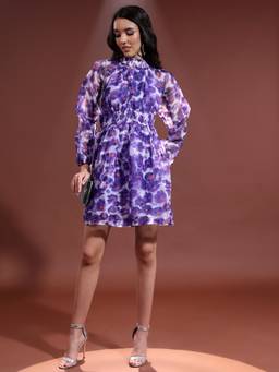 TOKYO TALKIES - Purple Dyed High Neck Fit and Flare Dress